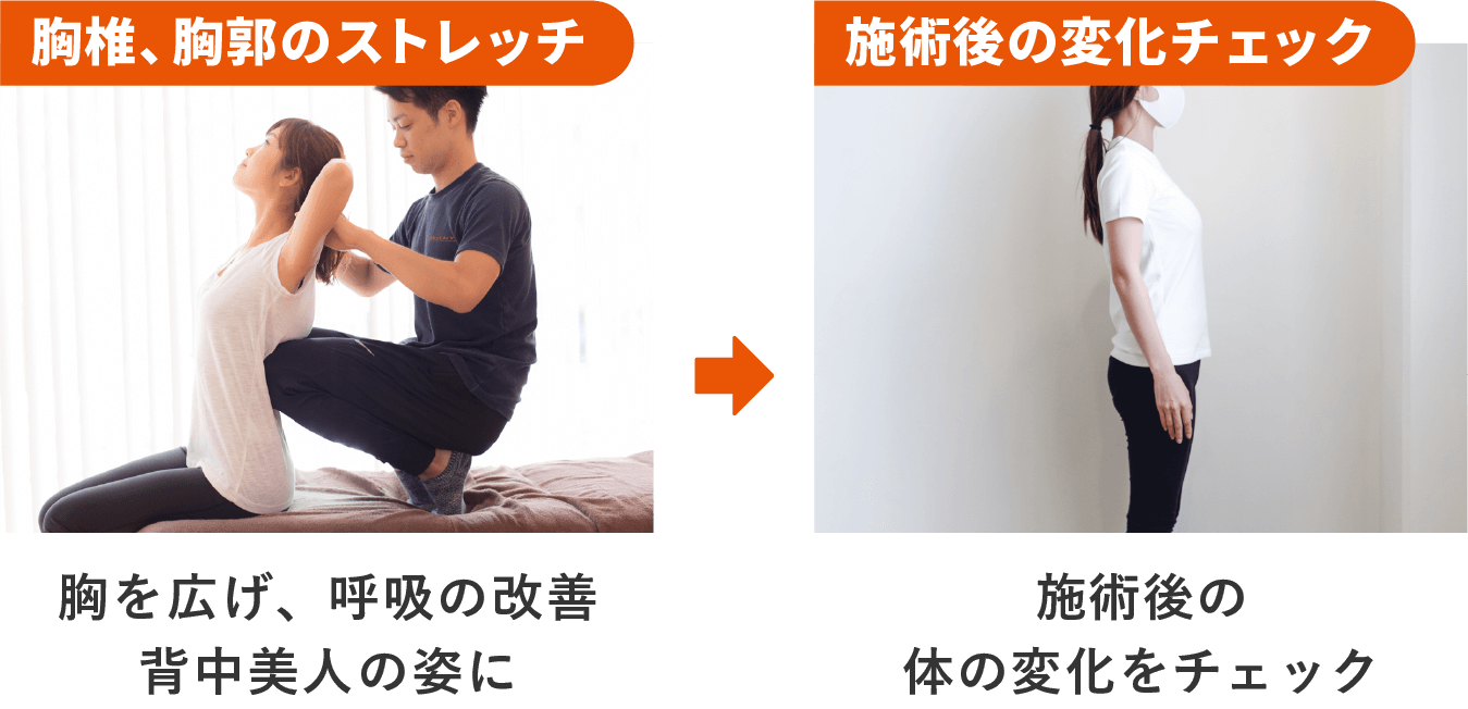 カウンセリング、施術前の状況確認、内転筋郡ストレッチ、大臀筋ストレッチ、ふくらはぎ・ハムストリングのストレッチ、肩甲骨はがし、胸椎・胸のストレッチ、施術後の変化チェック