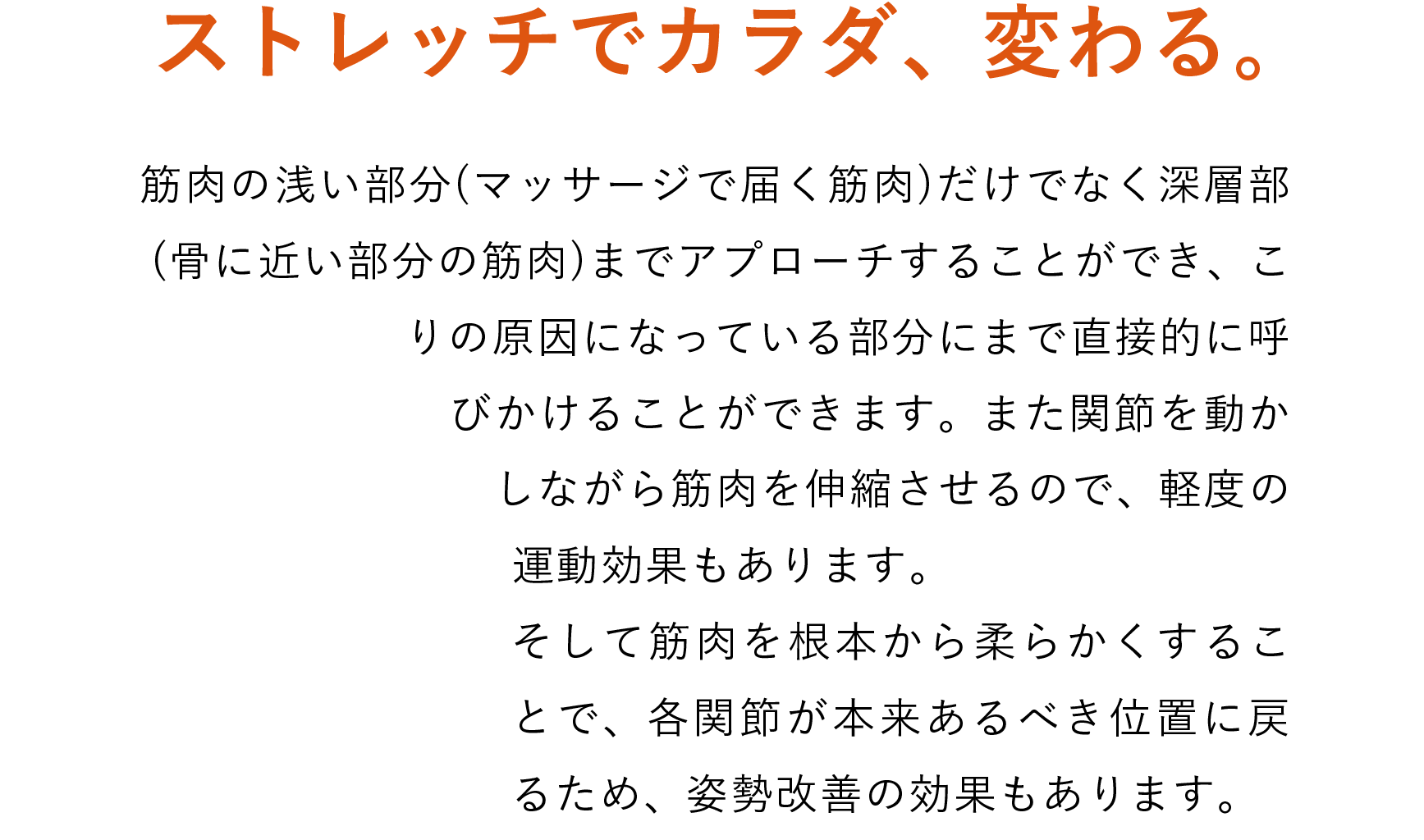「ストレッチでカラダ、変わる。」筋肉の浅い部分(マッサージで届く筋肉)だけでなく深層部(骨に近い部分の筋肉)までアプローチすることができ、こりの原因になっている部分にまで直接的に呼びかけることができます。また関節を動かしながら筋肉を伸縮させるので、軽度の運動効果もあります。
                    そして筋肉を根本から柔らかくすることで、各関節が本来あるべき位置に戻るため、姿勢改善の効果もあります。