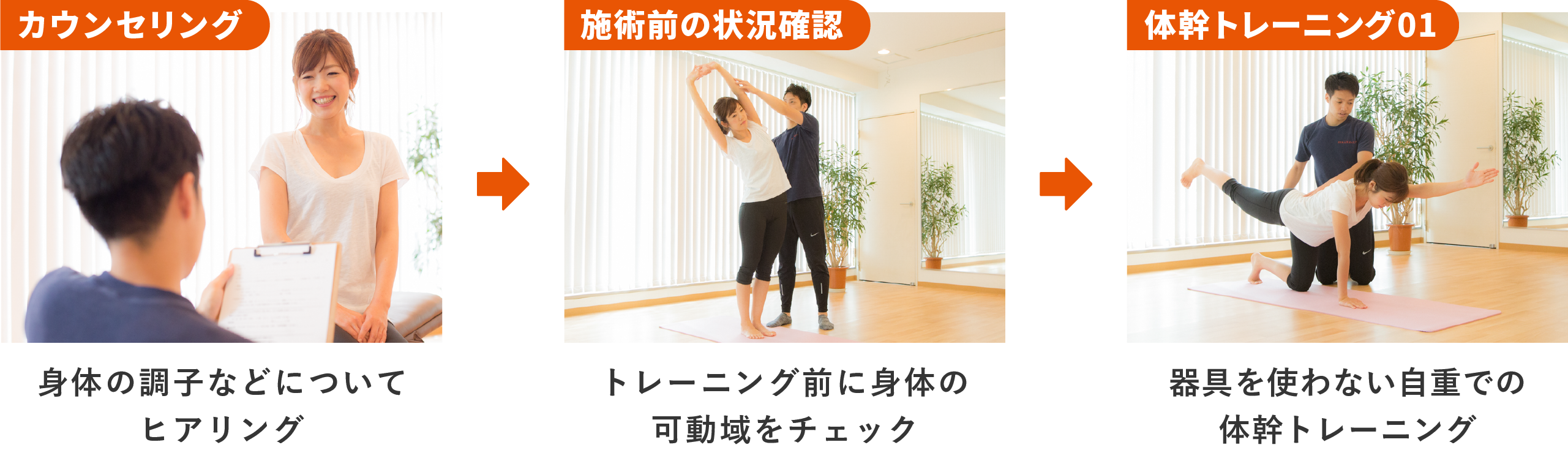カウンセリング、施術前の状況確認、内転筋郡ストレッチ、大臀筋ストレッチ、ふくらはぎ・ハムストリングのストレッチ、肩甲骨はがし、胸椎・胸のストレッチ、施術後の変化チェック