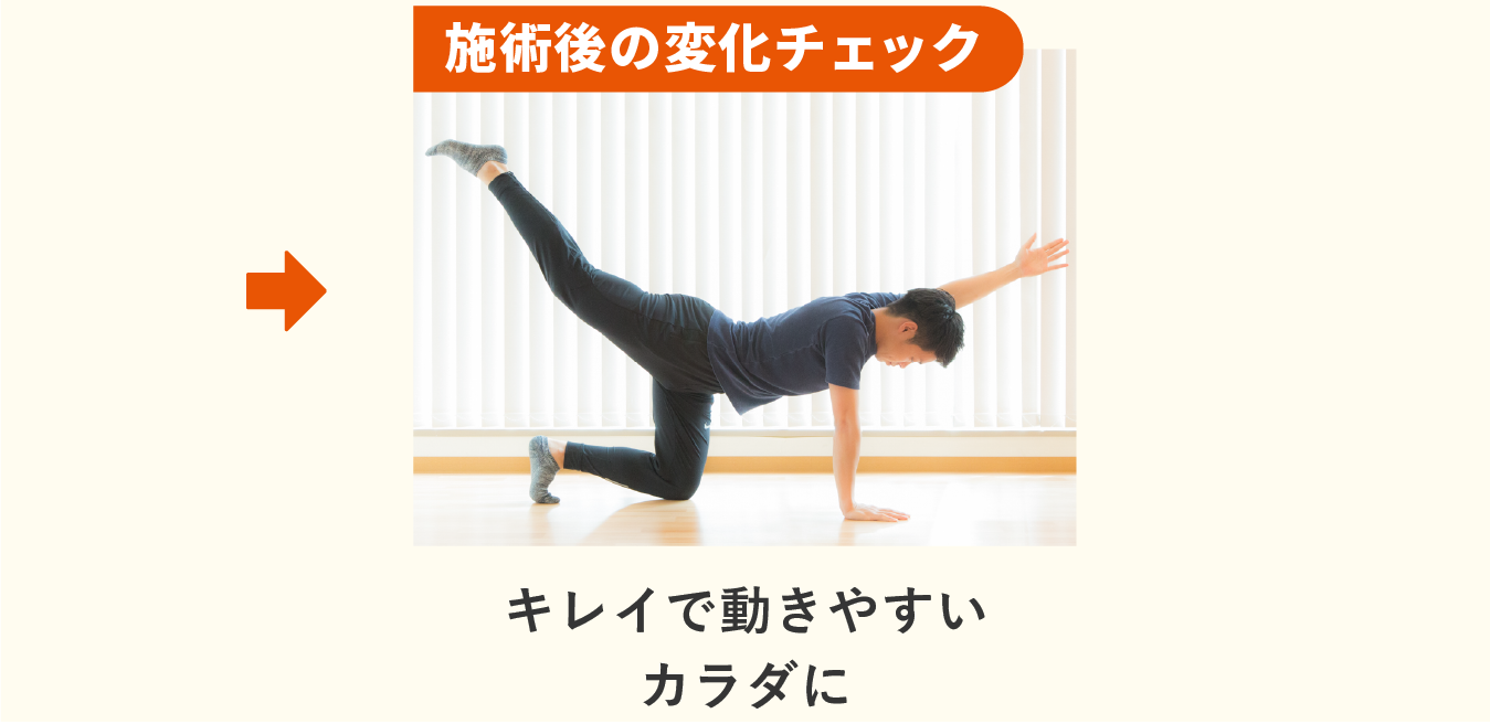 カウンセリング、施術前の状況確認、内転筋郡ストレッチ、大臀筋ストレッチ、ふくらはぎ・ハムストリングのストレッチ、肩甲骨はがし、胸椎・胸のストレッチ、施術後の変化チェック